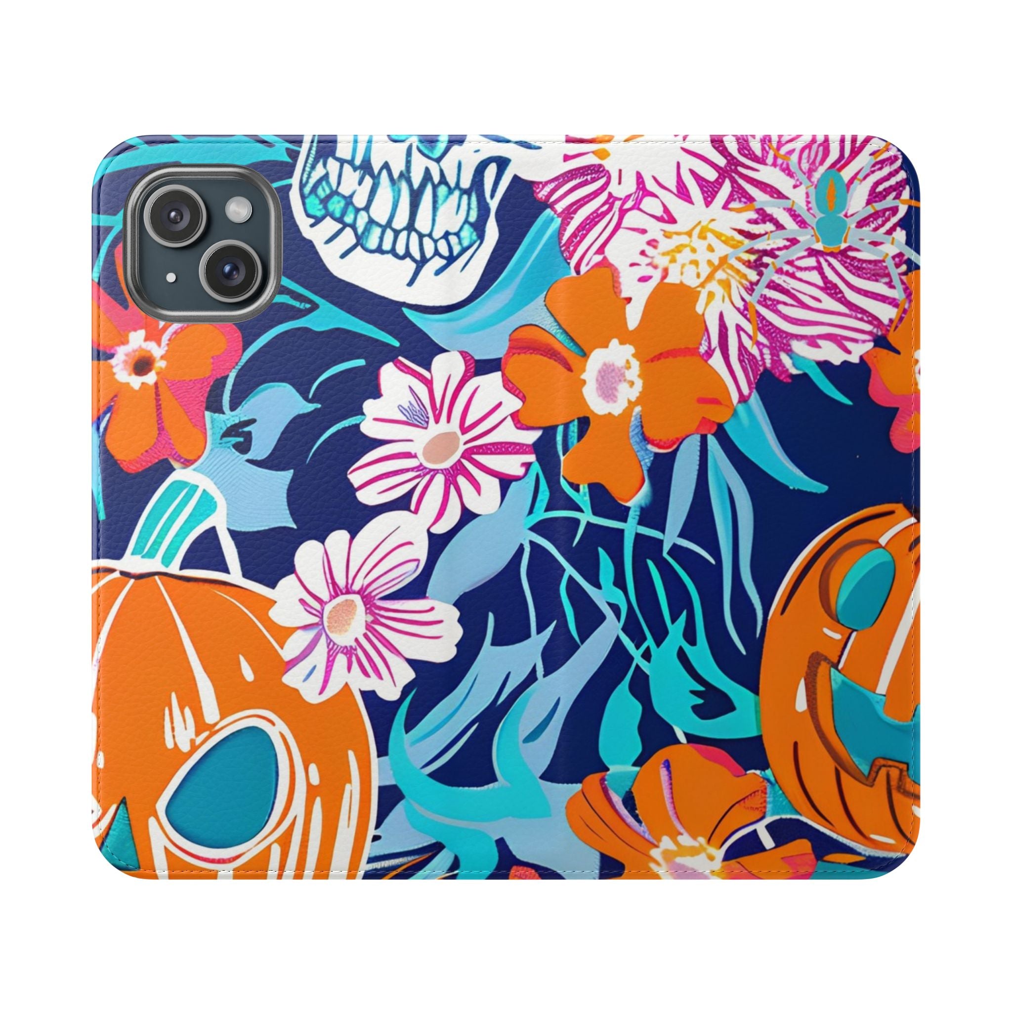 Halloween Floral and Skull Flip Cases, Artsulli - Art is Long, Life is Short, Phone Case, Size, iPhone 15 Plus, , , , , 32420278326122950545