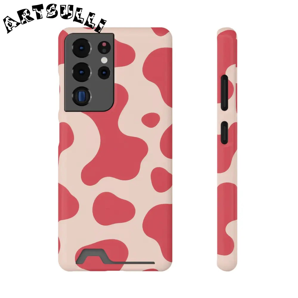 Pink and Beige Cow Print Phone Case Cardholder Combo, Artsulli - Art is Long, Life is Short, Phone Case, Size, Samsung Galaxy S21 Ultra, Surface, Glossy, Shape, With gift packaging, 30162786203825061777