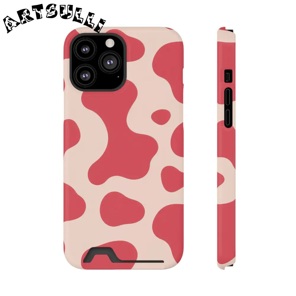 Pink and Beige Cow Print Phone Case Cardholder Combo, Artsulli - Art is Long, Life is Short, Phone Case, Size, iPhone 13 Pro Max, Surface, Glossy, Shape, With gift packaging, 18250615896392805914