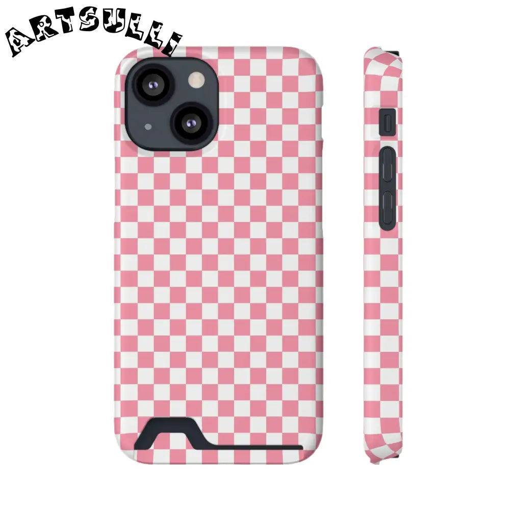 Pink and White Checkerboard Phone Case-Cardholder, Artsulli - Art is Long, Life is Short, Phone Case, Size, iPhone 13 Mini, Surface, Matte, Shape, With gift packaging, 15049733131078700666