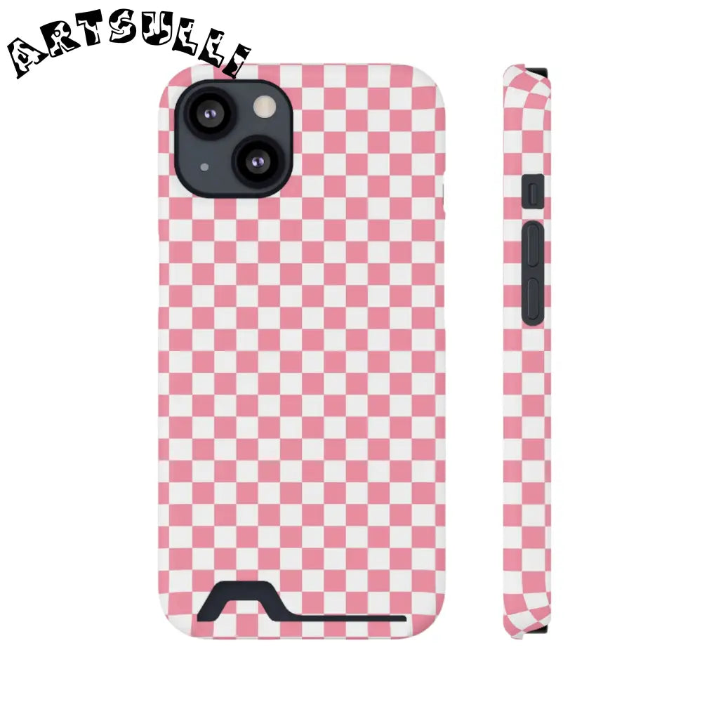Pink and White Checkerboard Phone Case-Cardholder, Artsulli - Art is Long, Life is Short, Phone Case, Size, iPhone 13, Surface, Glossy, Shape, With gift packaging, 18126856002871085151