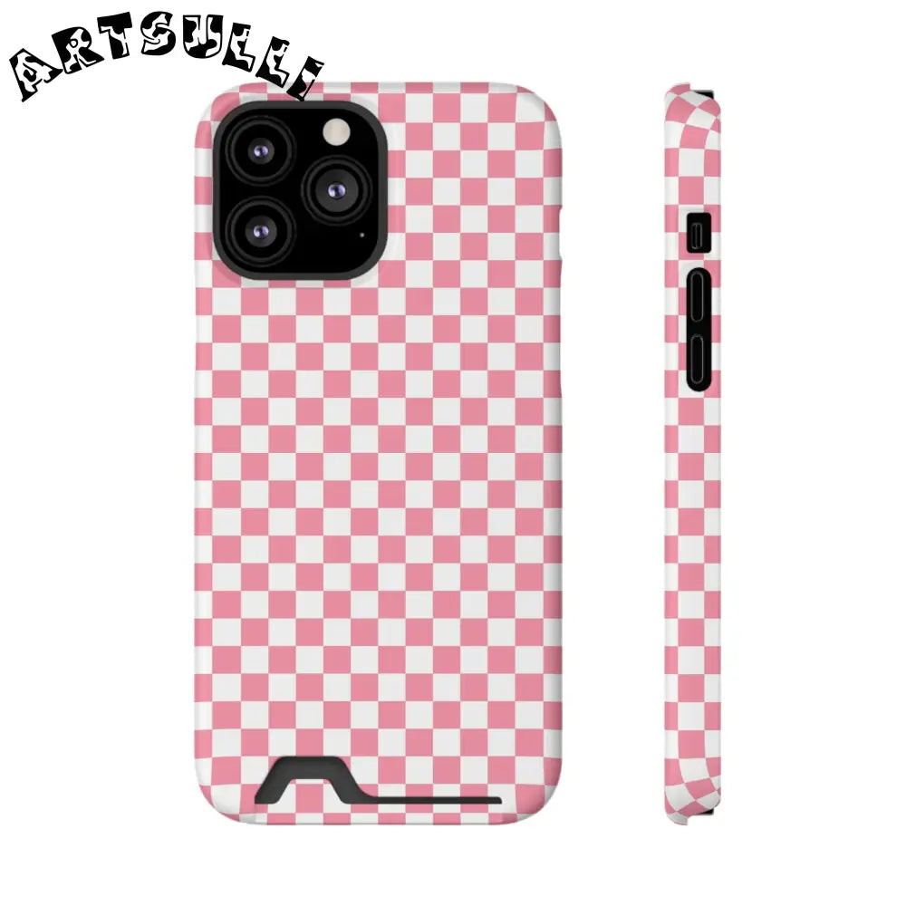 Pink and White Checkerboard Phone Case-Cardholder, Artsulli - Art is Long, Life is Short, Phone Case, Size, iPhone 13 Pro Max, Surface, Matte, Shape, Without gift packaging, 17092419109992564889