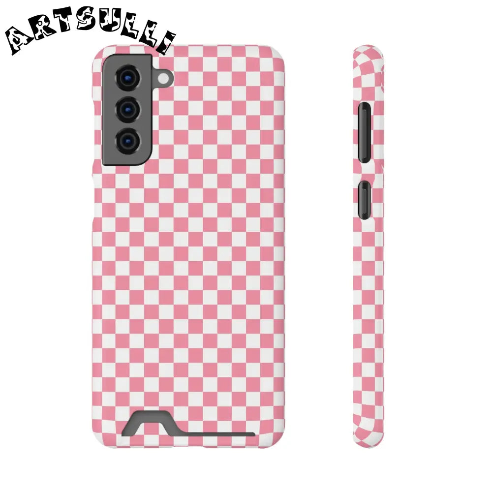 Pink and White Checkerboard Phone Case-Cardholder, Artsulli - Art is Long, Life is Short, Phone Case, Size, Samsung Galaxy S21 Plus, Surface, Glossy, Shape, With gift packaging, 80533671476641702711
