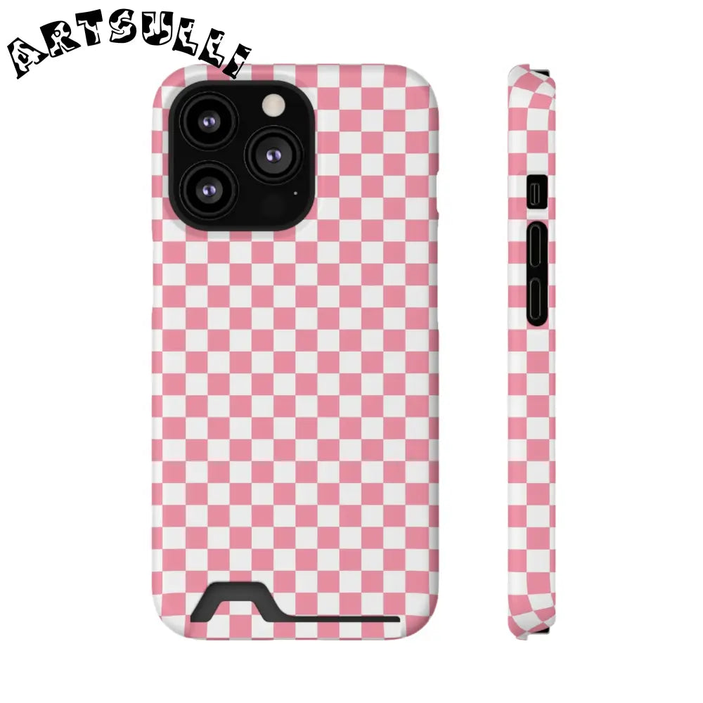 Pink and White Checkerboard Phone Case-Cardholder, Artsulli - Art is Long, Life is Short, Phone Case, Size, iPhone 13 Pro, Surface, Matte, Shape, Without gift packaging, 17690489314174231199
