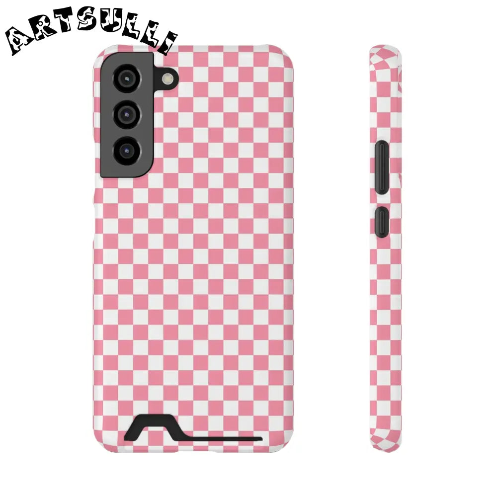 Pink and White Checkerboard Phone Case-Cardholder, Artsulli - Art is Long, Life is Short, Phone Case, Size, Samsung Galaxy S22 Plus, Surface, Matte, Shape, With gift packaging, 16917368810828772680