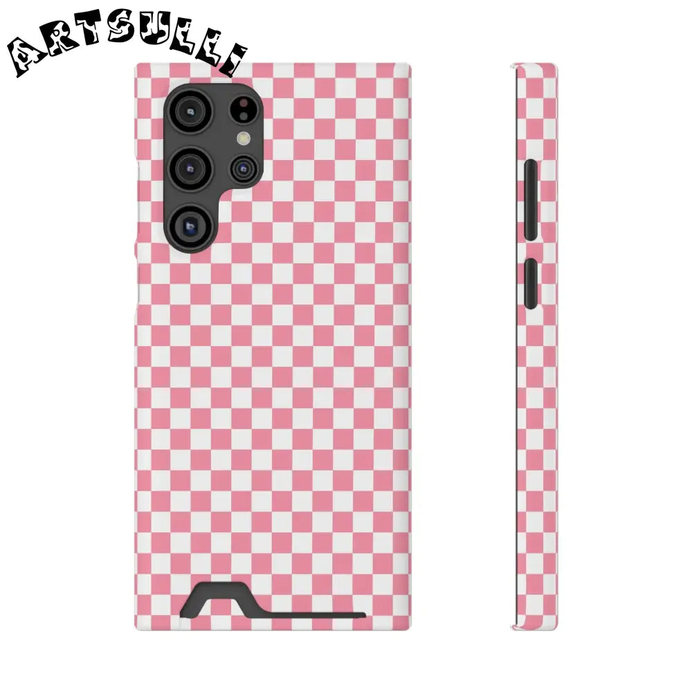 Pink and White Checkerboard Phone Case-Cardholder, Artsulli - Art is Long, Life is Short, Phone Case, Size, Samsung Galaxy S22 Ultra, Surface, Matte, Shape, Without gift packaging, 27768089577325596903