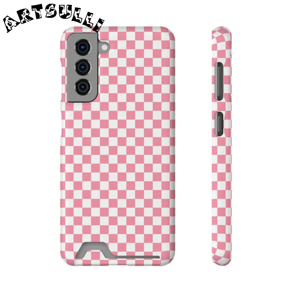 Pink and White Checkerboard Phone Case-Cardholder, Artsulli - Art is Long, Life is Short, Phone Case, Size, Samsung Galaxy S21, Surface, Matte, Shape, With gift packaging, 89343784939053567282