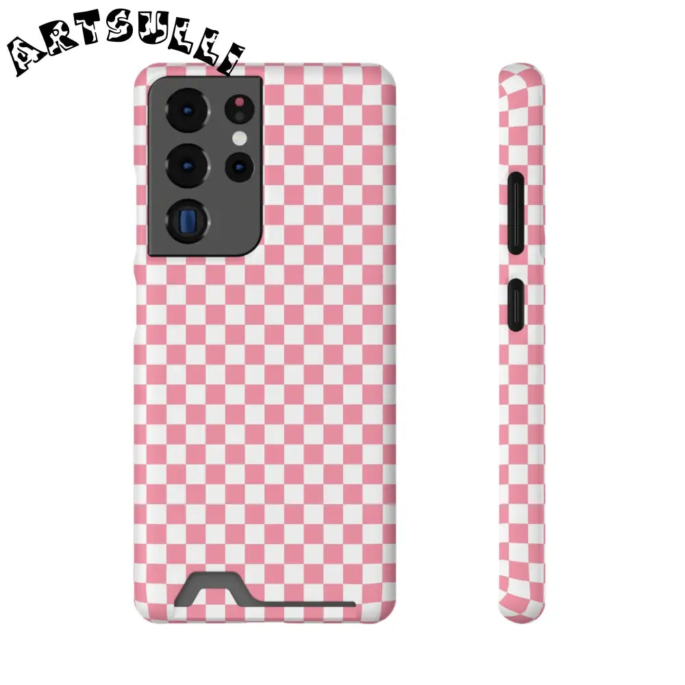 Pink and White Checkerboard Phone Case-Cardholder, Artsulli - Art is Long, Life is Short, Phone Case, Size, Samsung Galaxy S21 Ultra, Surface, Matte, Shape, Without gift packaging, 29725748479592155991