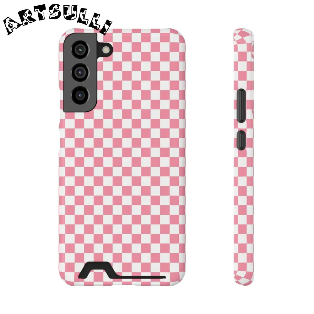 Pink and White Checkerboard Phone Case-Cardholder, Artsulli - Art is Long, Life is Short, Phone Case, Size, Samsung Galaxy S22 Plus, Surface, Glossy, Shape, With gift packaging, 12517803410759145606