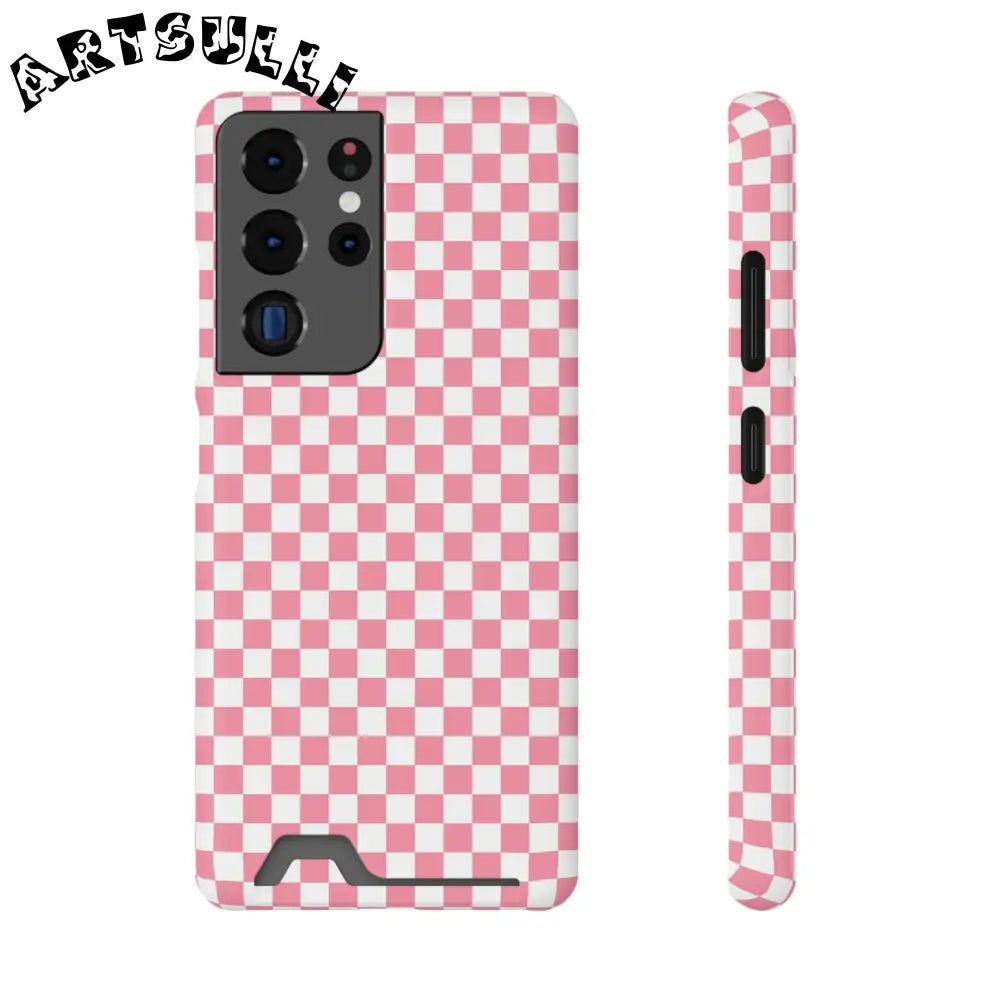 Pink and White Checkerboard Phone Case-Cardholder, Artsulli - Art is Long, Life is Short, Phone Case, Size, Samsung Galaxy S21 Ultra, Surface, Glossy, Shape, With gift packaging, 82367212126417588698