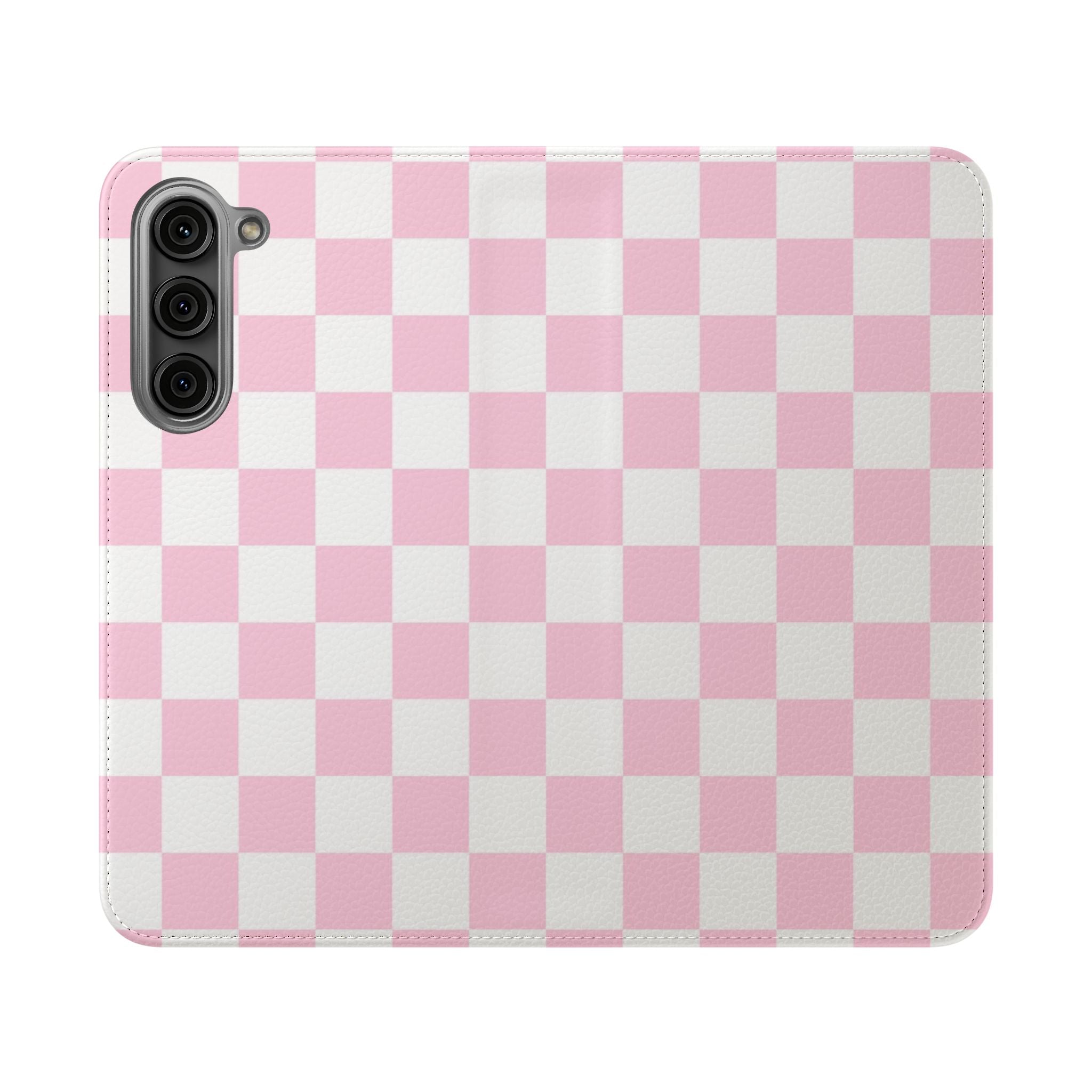 JAKKOUTTHEBXX Pink and White Checkered Faux Leather Flip Cases 2025