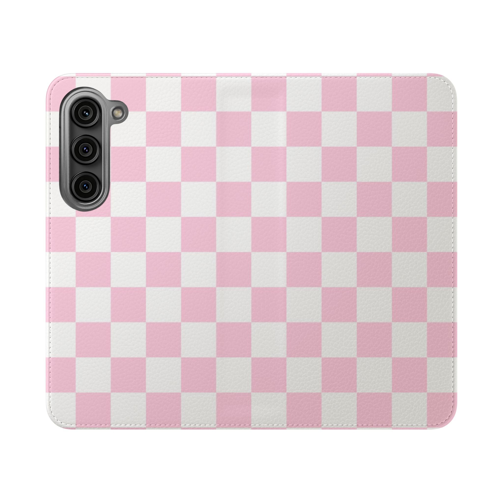 JAKKOUTTHEBXX Pink and White Checkered Faux Leather Flip Cases 2025