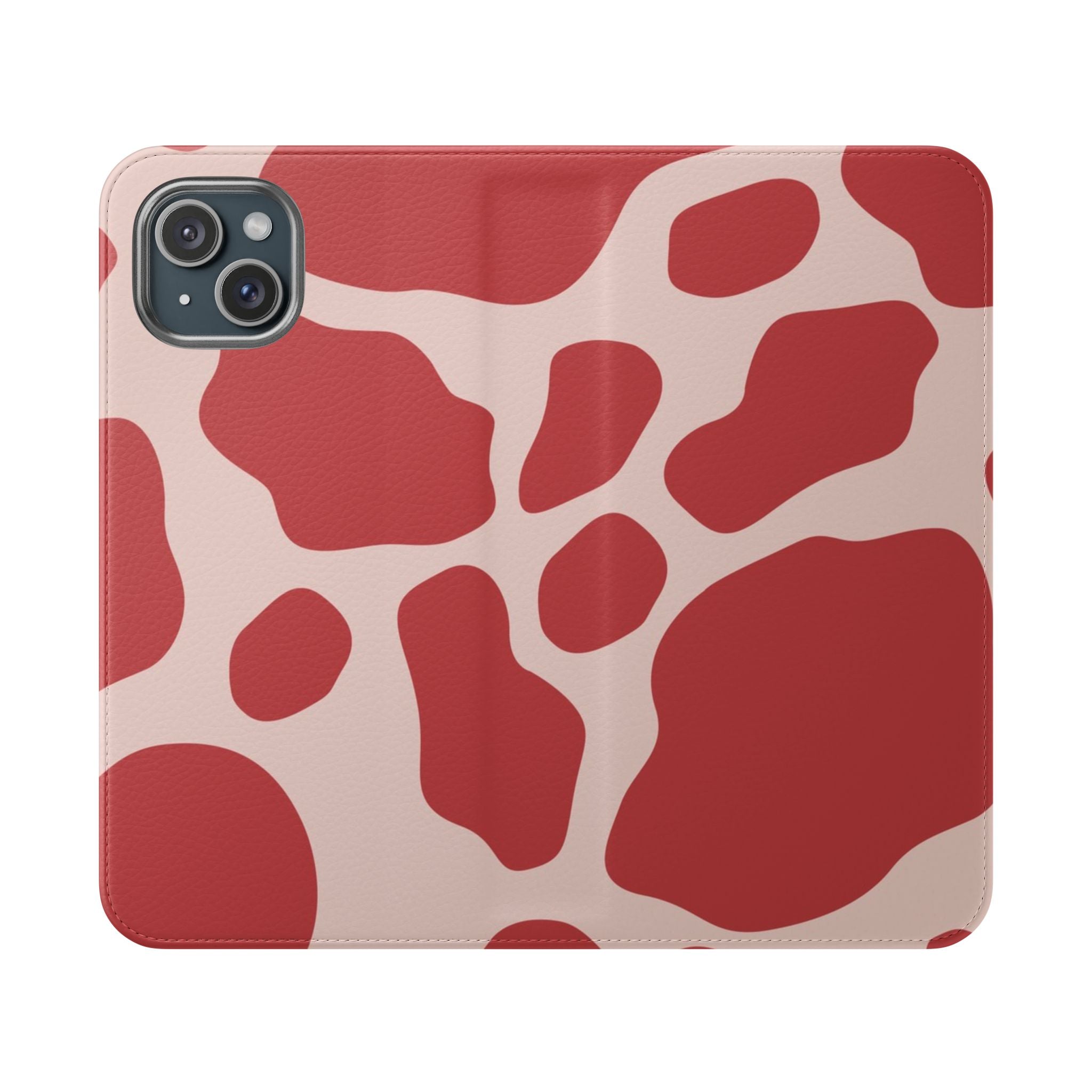 Red and Beige Cow Print Flip Cases, Artsulli - Art is Long, Life is Short, Phone Case, Size, iPhone 15 Plus, , , , , 32519840986903176933