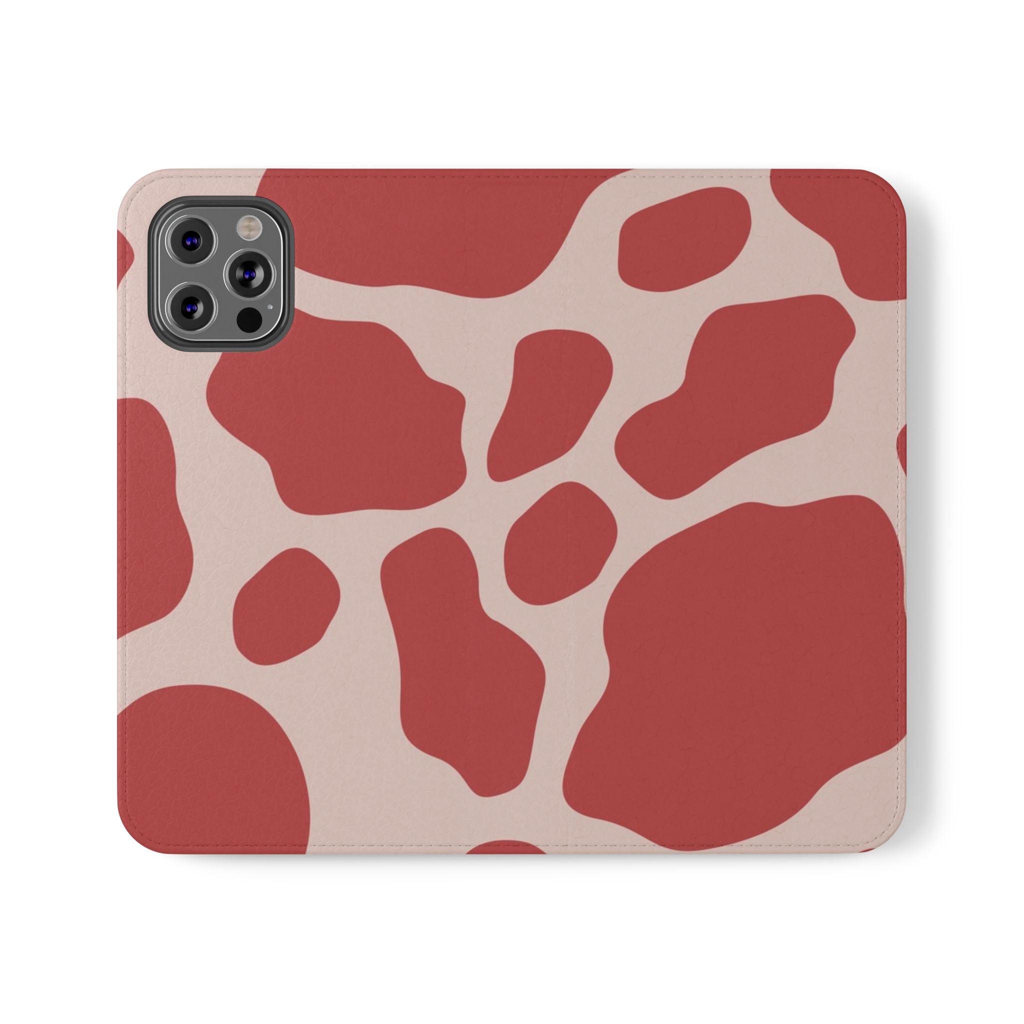 Red and Beige Cow Print Flip Cases, Artsulli - Art is Long, Life is Short, Phone Case, Size, iPhone 12 Pro, , , , , 94314679531267414144