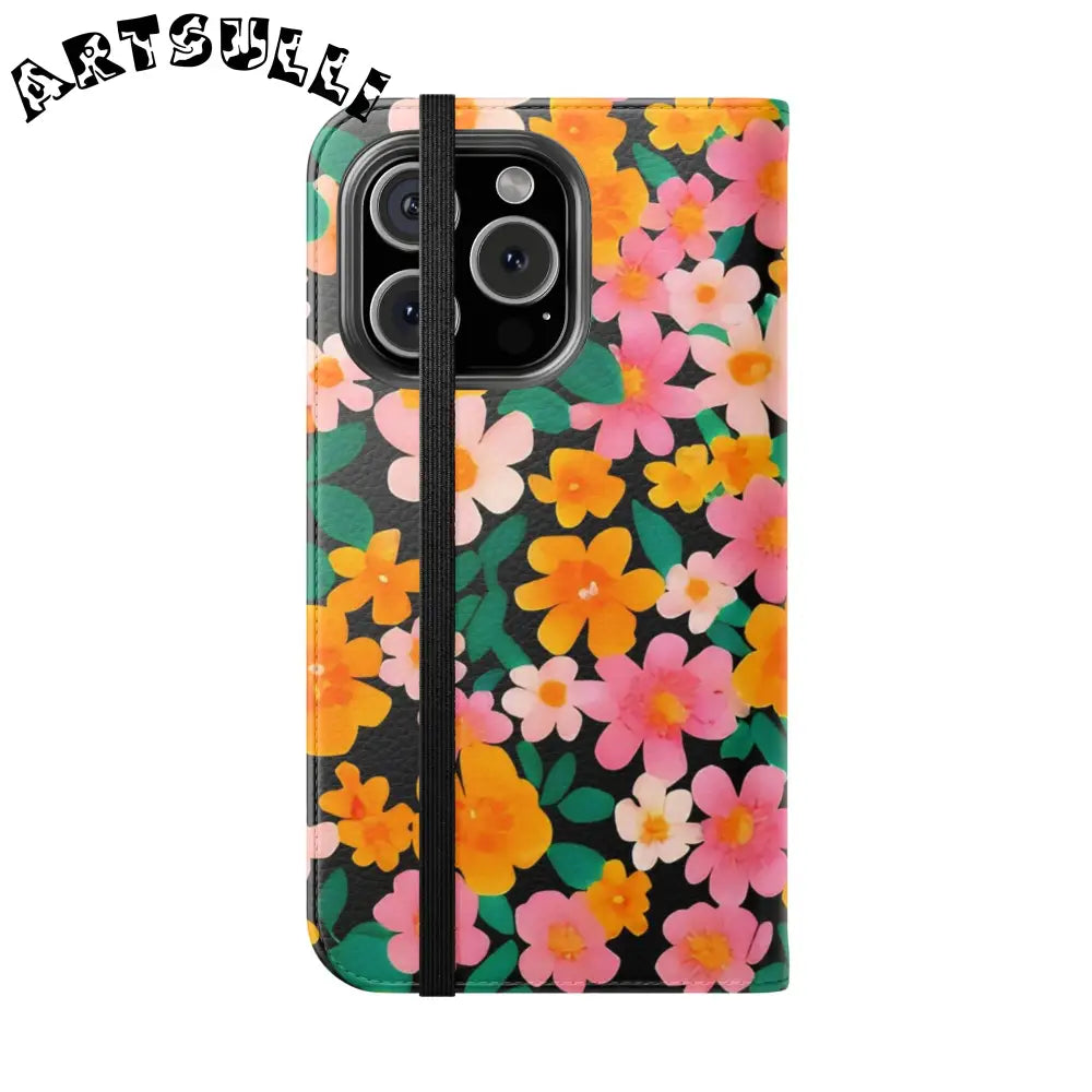 Vibrant Floral Pattern Black Flip Case, Artsulli - Art is Long, Life is Short, Phone Case, , , , , , ,