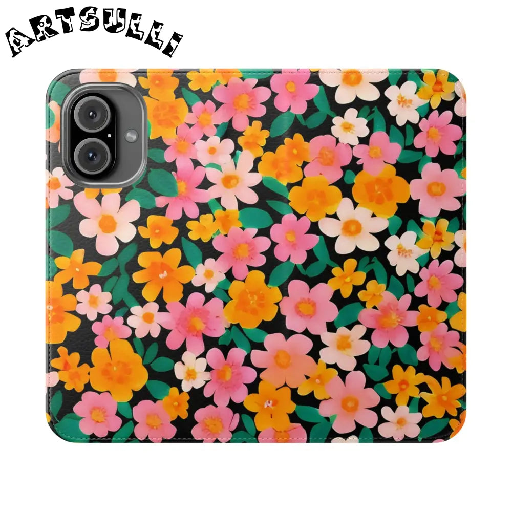 Vibrant Floral Pattern Black Flip Case, Artsulli - Art is Long, Life is Short, Phone Case, Size, iPhone 16, , , , , 50610288006927301264