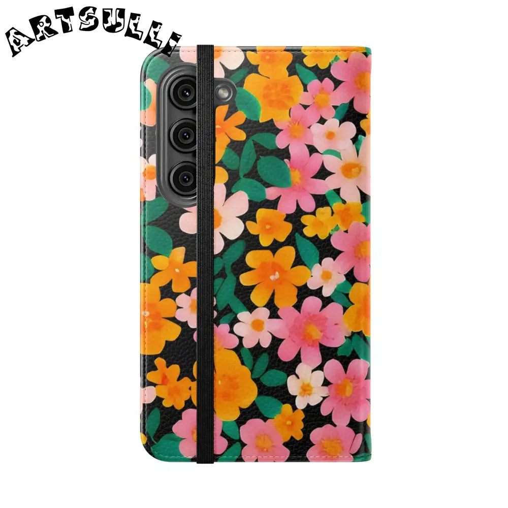 Vibrant Floral Pattern Black Flip Case, Artsulli - Art is Long, Life is Short, Phone Case, , , , , , ,