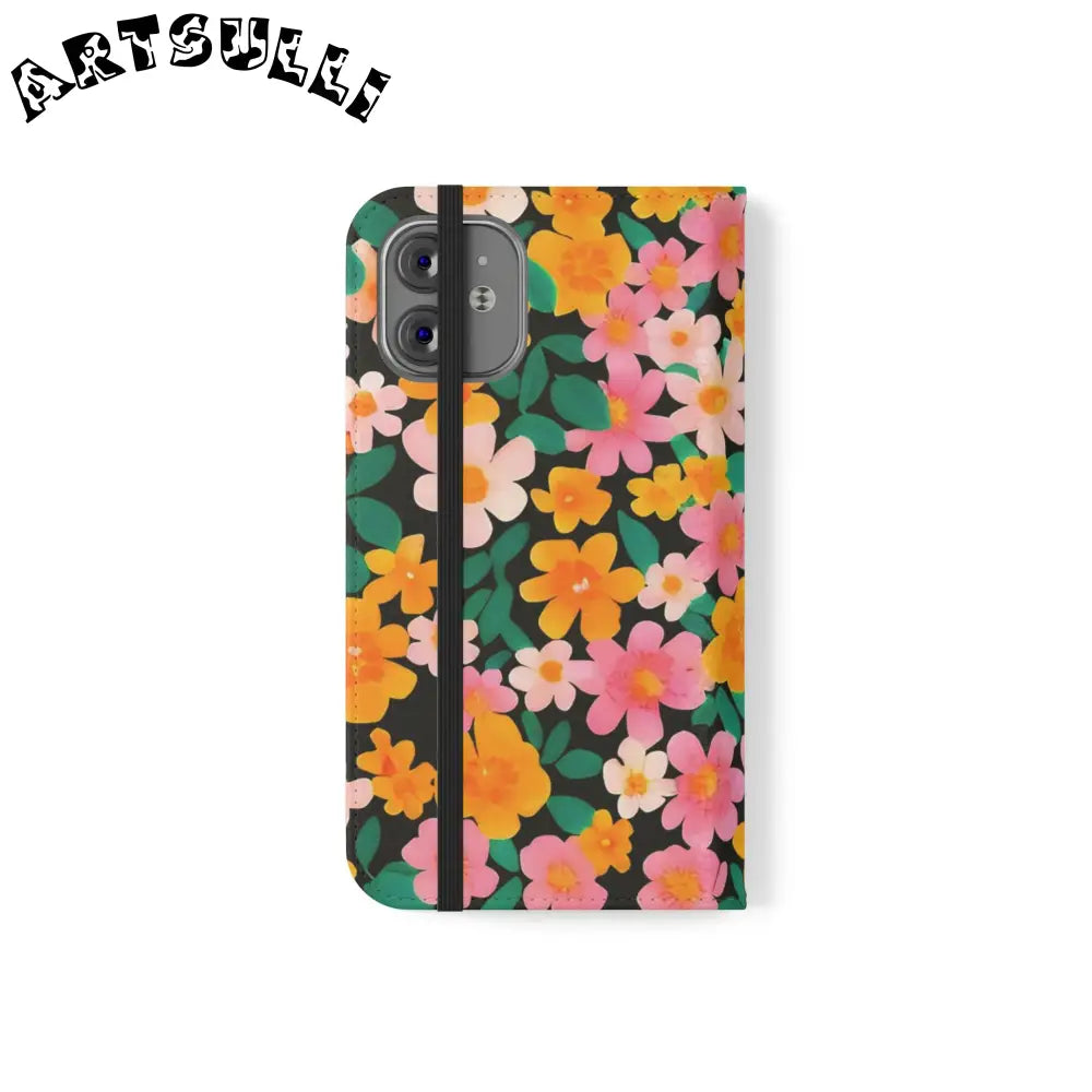 Vibrant Floral Pattern Black Flip Case, Artsulli - Art is Long, Life is Short, Phone Case, , , , , , ,