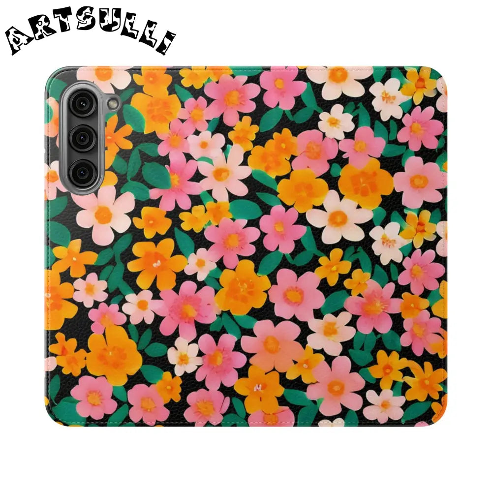 Vibrant Floral Pattern Black Flip Case, Artsulli - Art is Long, Life is Short, Phone Case, Size, Samsung Galaxy S23 Plus, , , , , 14093779010604491223