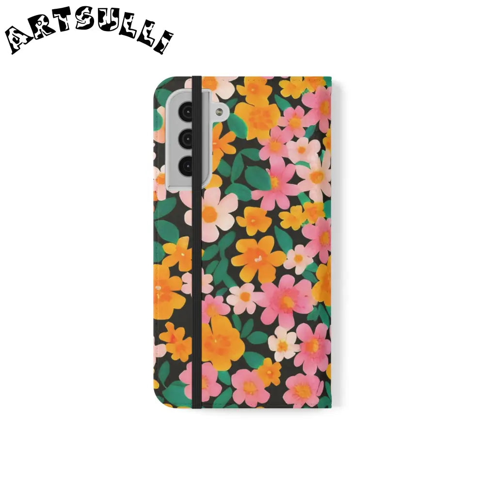Vibrant Floral Pattern Black Flip Case, Artsulli - Art is Long, Life is Short, Phone Case, , , , , , ,