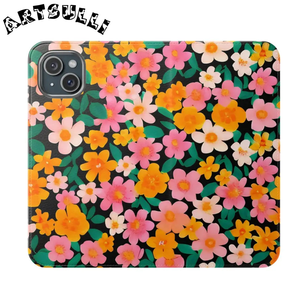 Vibrant Floral Pattern Black Flip Case, Artsulli - Art is Long, Life is Short, Phone Case, Size, iPhone 15 Plus, , , , , 22877654126579979445