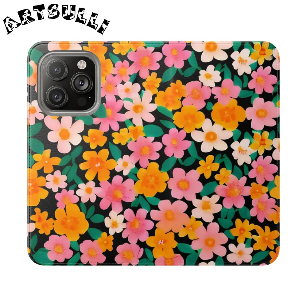 Vibrant Floral Pattern Black Flip Case, Artsulli - Art is Long, Life is Short, Phone Case, Size, iPhone 14 Pro, , , , , 39534038518116104177