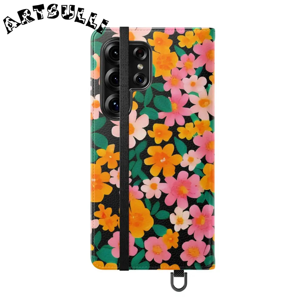 Vibrant Floral Pattern Black Flip Case, Artsulli - Art is Long, Life is Short, Phone Case, , , , , , ,