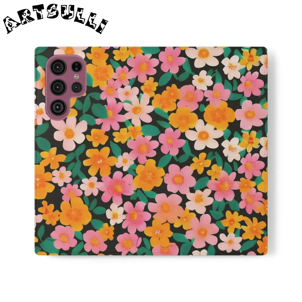Vibrant Floral Pattern Black Flip Case, Artsulli - Art is Long, Life is Short, Phone Case, Size, Samsung Galaxy S22 Ultra, , , , , 65858166454827272327