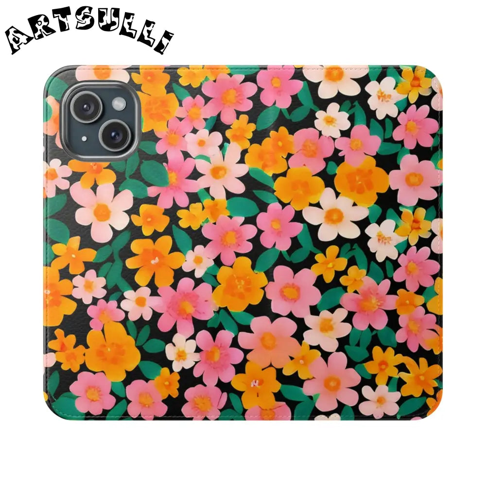 Vibrant Floral Pattern Black Flip Case, Artsulli - Art is Long, Life is Short, Phone Case, Size, iPhone 15, , , , , 11480428004877167807