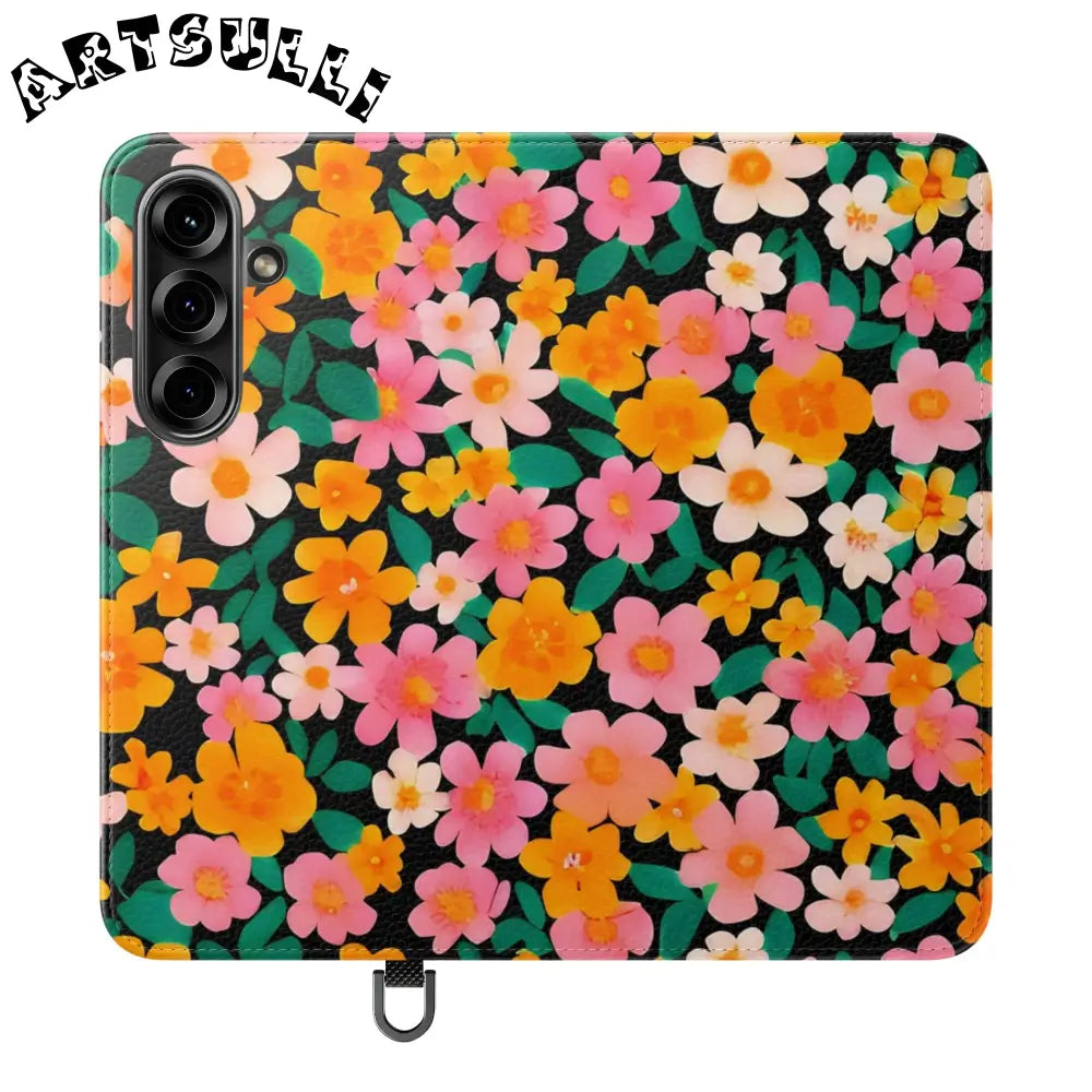 Vibrant Floral Pattern Black Flip Case, Artsulli - Art is Long, Life is Short, Phone Case, Size, Samsung Galaxy S25, , , , , 18284953603766943116