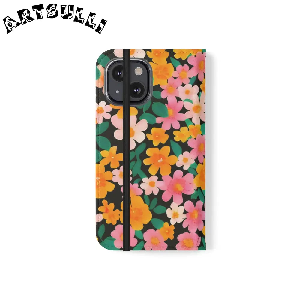 Vibrant Floral Pattern Black Flip Case, Artsulli - Art is Long, Life is Short, Phone Case, , , , , , ,