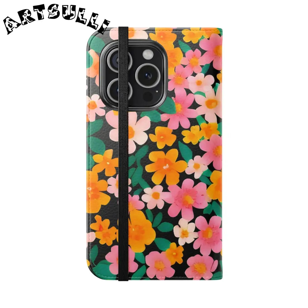 Vibrant Floral Pattern Black Flip Case, Artsulli - Art is Long, Life is Short, Phone Case, , , , , , ,