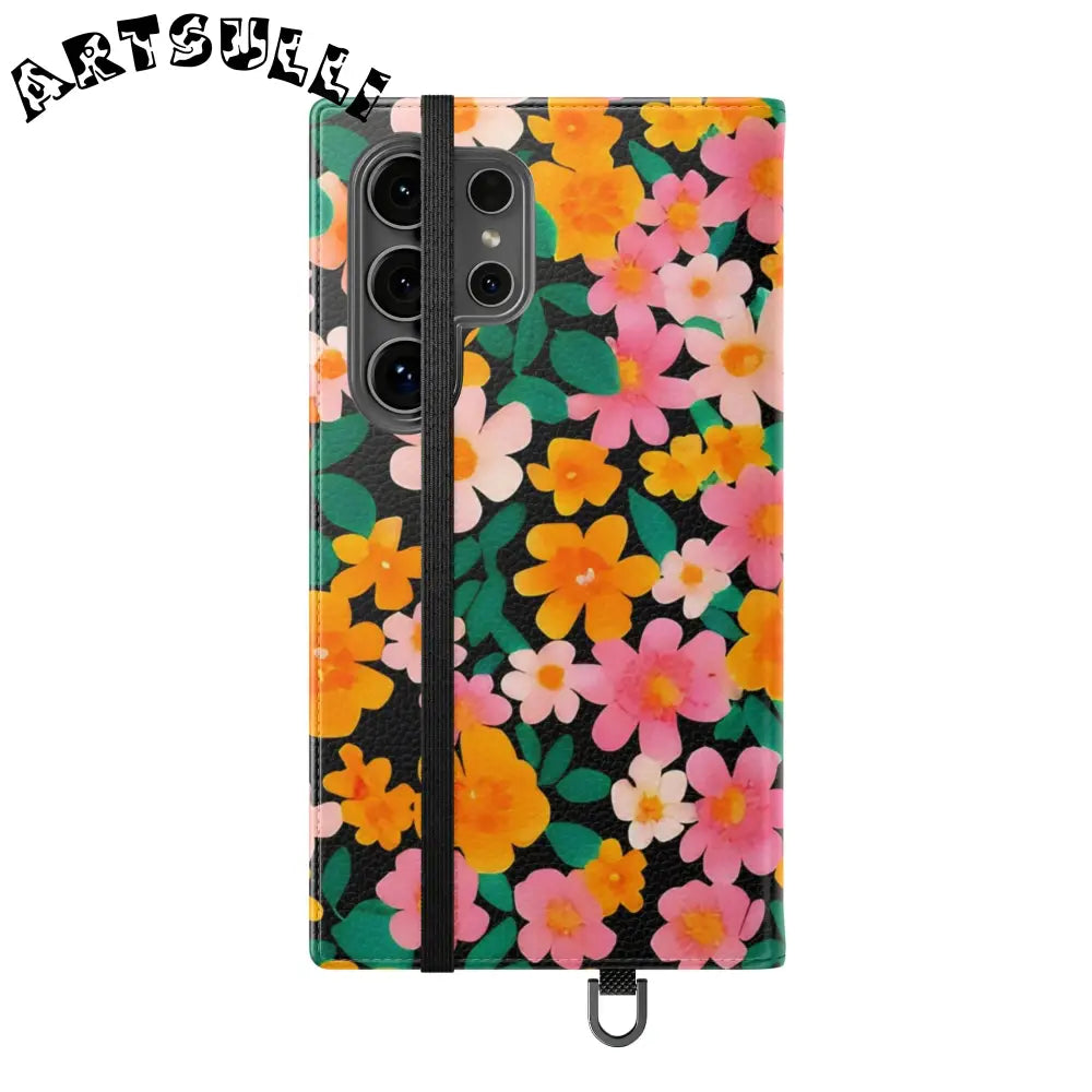 Vibrant Floral Pattern Black Flip Case, Artsulli - Art is Long, Life is Short, Phone Case, , , , , , ,