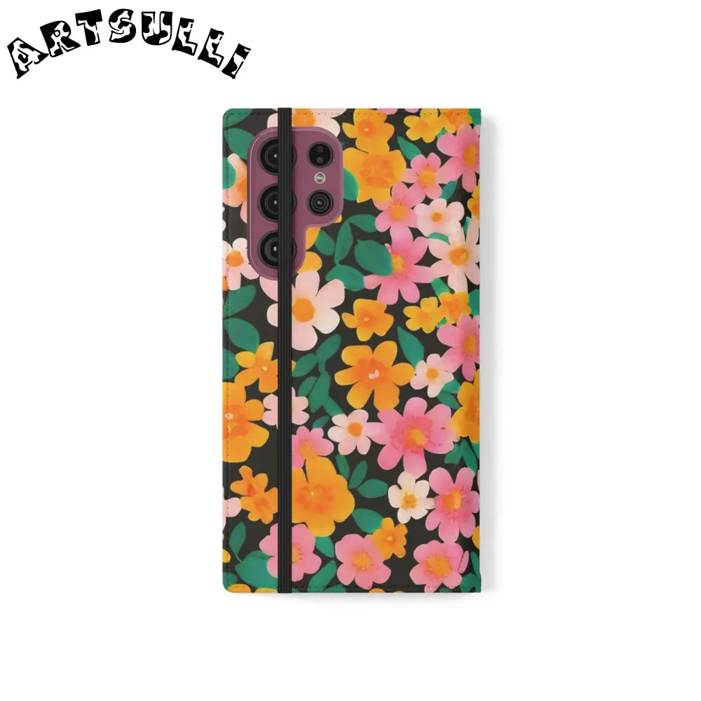 Vibrant Floral Pattern Black Flip Case, Artsulli - Art is Long, Life is Short, Phone Case, , , , , , ,