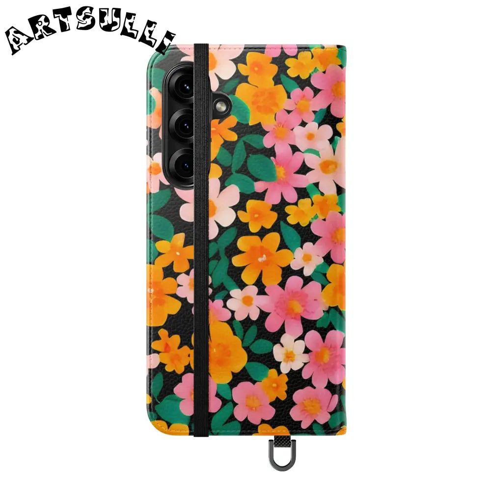Vibrant Floral Pattern Black Flip Case, Artsulli - Art is Long, Life is Short, Phone Case, , , , , , ,