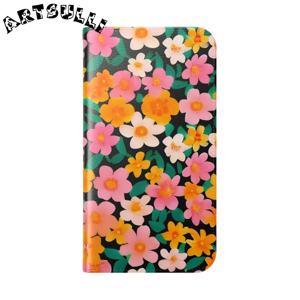 Vibrant Floral Pattern Black Flip Case, Artsulli - Art is Long, Life is Short, Phone Case, , , , , , ,