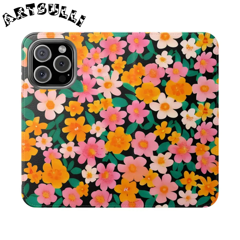Vibrant Floral Pattern Black Flip Case, Artsulli - Art is Long, Life is Short, Phone Case, Size, iPhone 16 Pro, , , , , 32032009041594827269