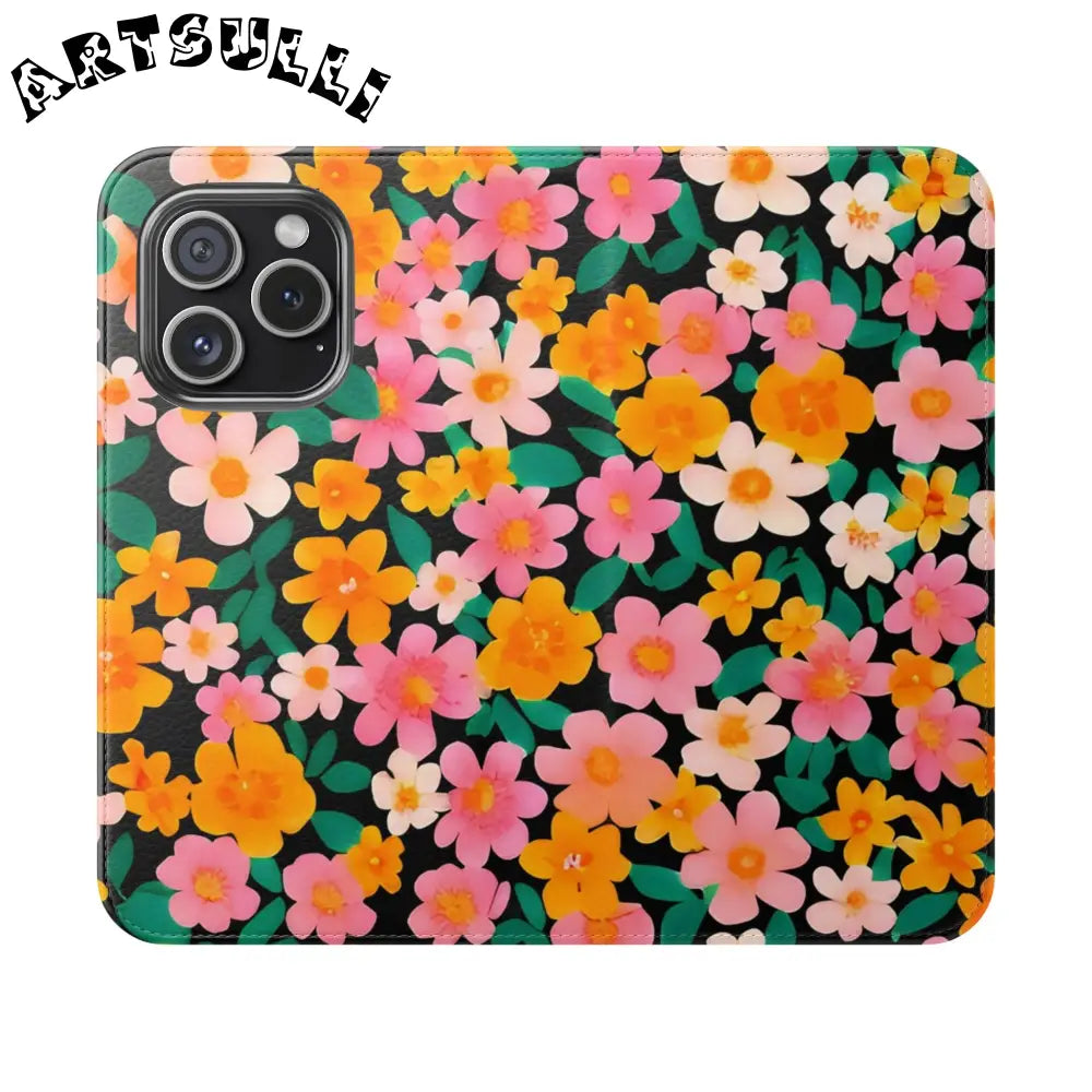 Vibrant Floral Pattern Black Flip Case, Artsulli - Art is Long, Life is Short, Phone Case, Size, iPhone 15 Pro, , , , , 31563433615209509818