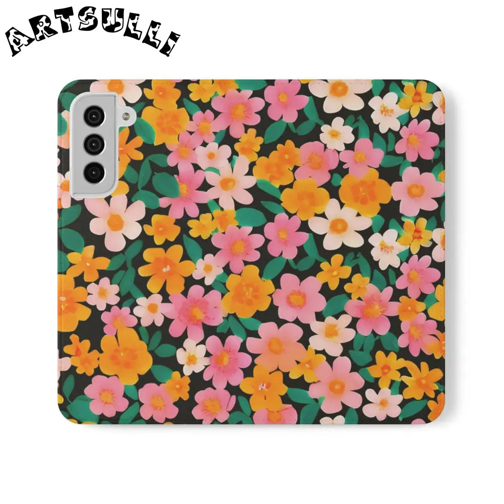 Vibrant Floral Pattern Black Flip Case, Artsulli - Art is Long, Life is Short, Phone Case, Size, Samsung Galaxy S22 Plus, , , , , 31425627822930265857