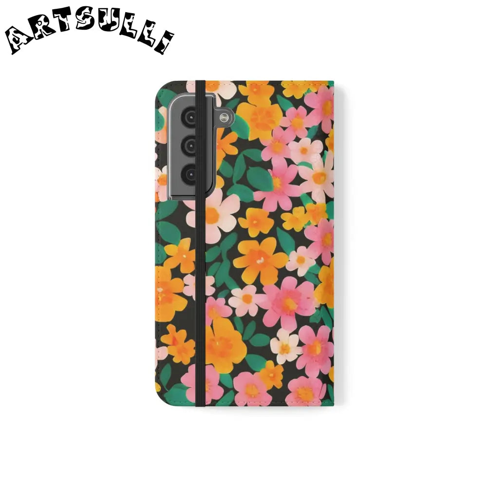 Vibrant Floral Pattern Black Flip Case, Artsulli - Art is Long, Life is Short, Phone Case, , , , , , ,