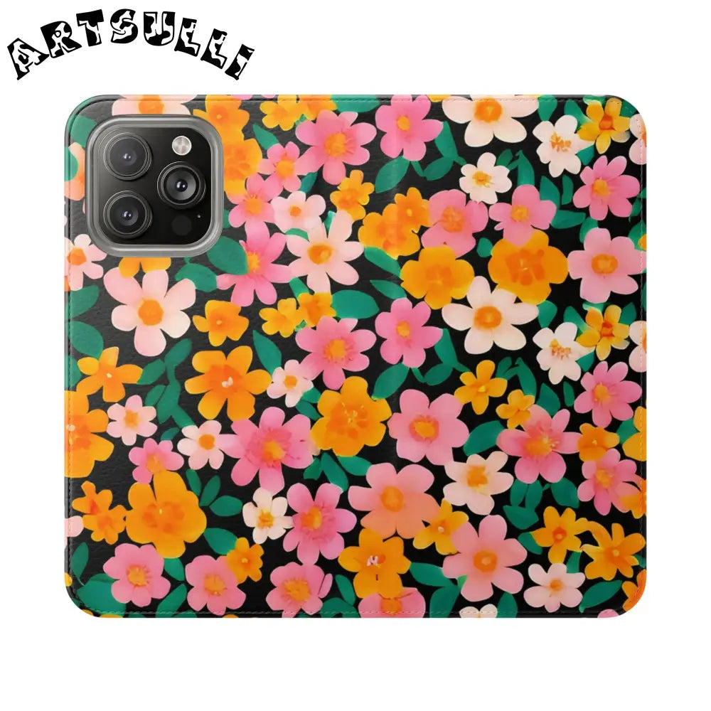 Vibrant Floral Pattern Black Flip Case, Artsulli - Art is Long, Life is Short, Phone Case, Size, iPhone 14 Pro Max, , , , , 22043297929606301680