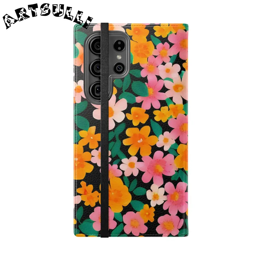 Vibrant Floral Pattern Black Flip Case, Artsulli - Art is Long, Life is Short, Phone Case, , , , , , ,
