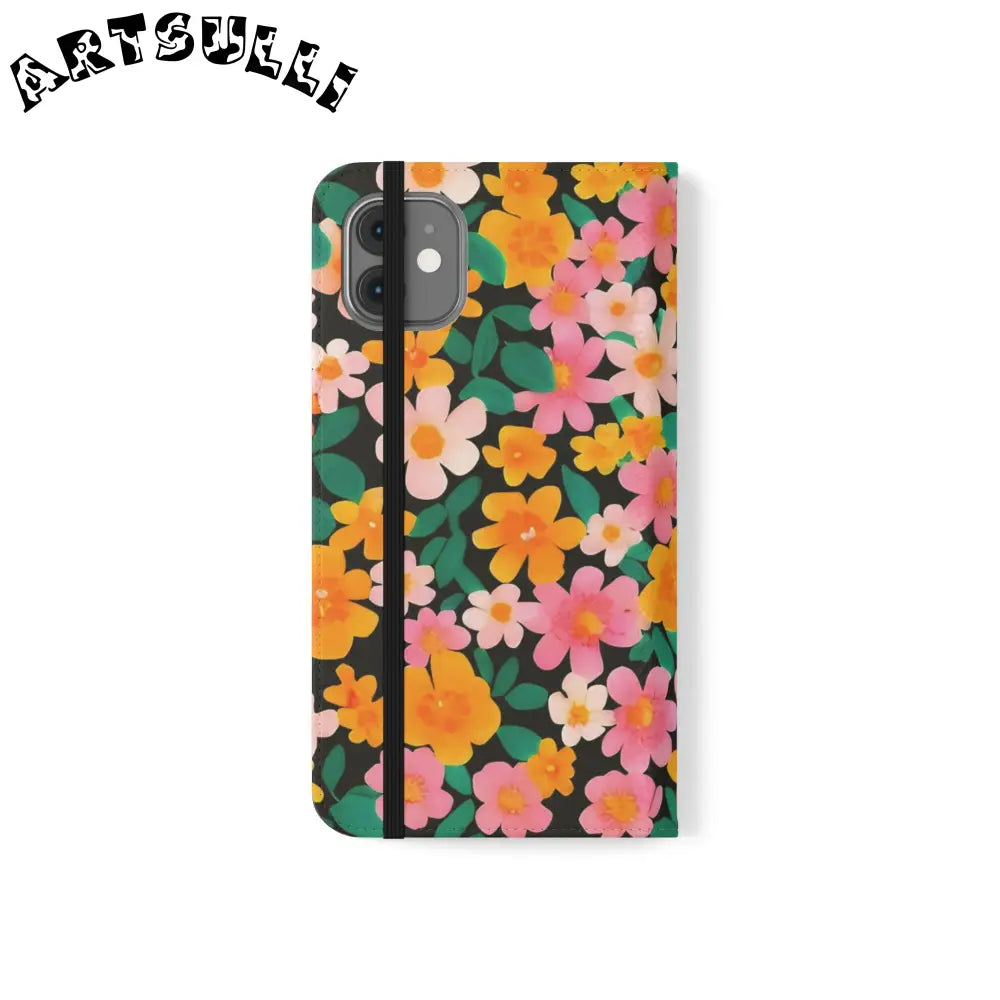 Vibrant Floral Pattern Black Flip Case, Artsulli - Art is Long, Life is Short, Phone Case, , , , , , ,