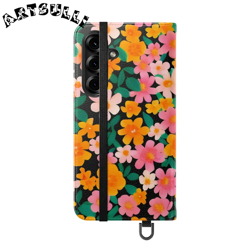 Vibrant Floral Pattern Black Flip Case, Artsulli - Art is Long, Life is Short, Phone Case, , , , , , ,
