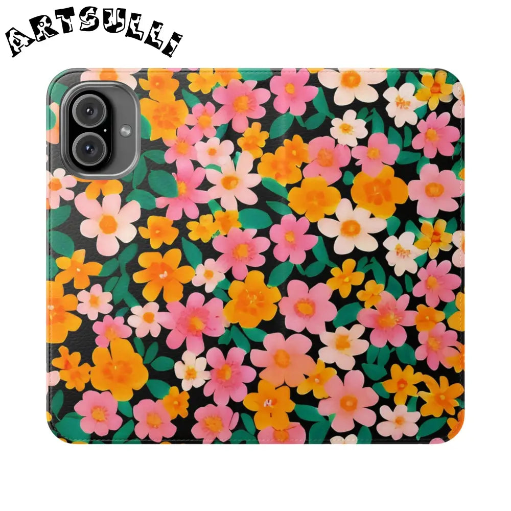 Vibrant Floral Pattern Black Flip Case, Artsulli - Art is Long, Life is Short, Phone Case, Size, iPhone 16 Plus, , , , , 37560529954919069001