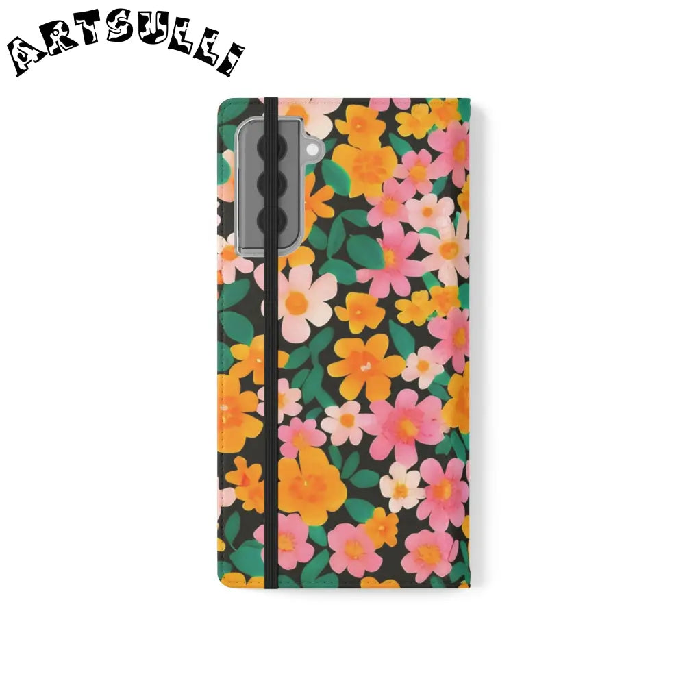 Vibrant Floral Pattern Black Flip Case, Artsulli - Art is Long, Life is Short, Phone Case, , , , , , ,