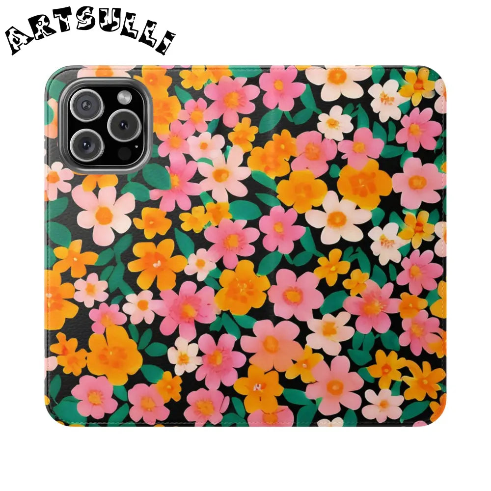 Vibrant Floral Pattern Black Flip Case, Artsulli - Art is Long, Life is Short, Phone Case, Size, iPhone 16 Pro Max, , , , , 20095552378630618588