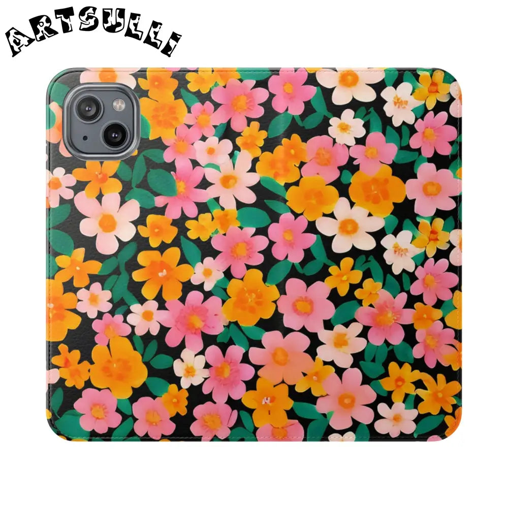 Vibrant Floral Pattern Black Flip Case, Artsulli - Art is Long, Life is Short, Phone Case, Size, iPhone 14 Plus, , , , , 31389742904681902148