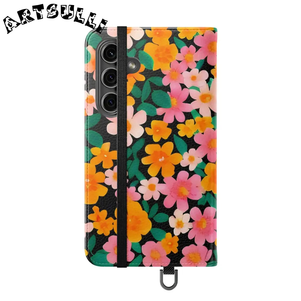 Vibrant Floral Pattern Black Flip Case, Artsulli - Art is Long, Life is Short, Phone Case, , , , , , ,