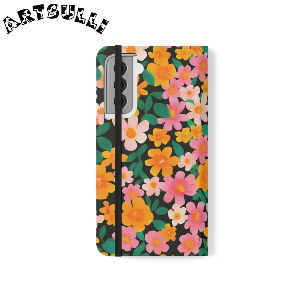 Vibrant Floral Pattern Black Flip Case, Artsulli - Art is Long, Life is Short, Phone Case, , , , , , ,